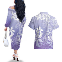 Tiare Tahiti Couples Matching Off The Shoulder Long Sleeve Dress and Hawaiian Shirt Purple Polynesia Motifs - Polynesian Pride