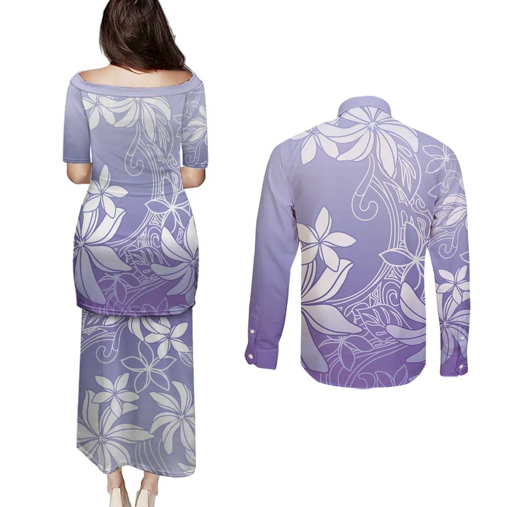 Tiare Tahiti Couples Matching Puletasi and Long Sleeve Button Shirt Purple Polynesia Motifs - Polynesian Pride