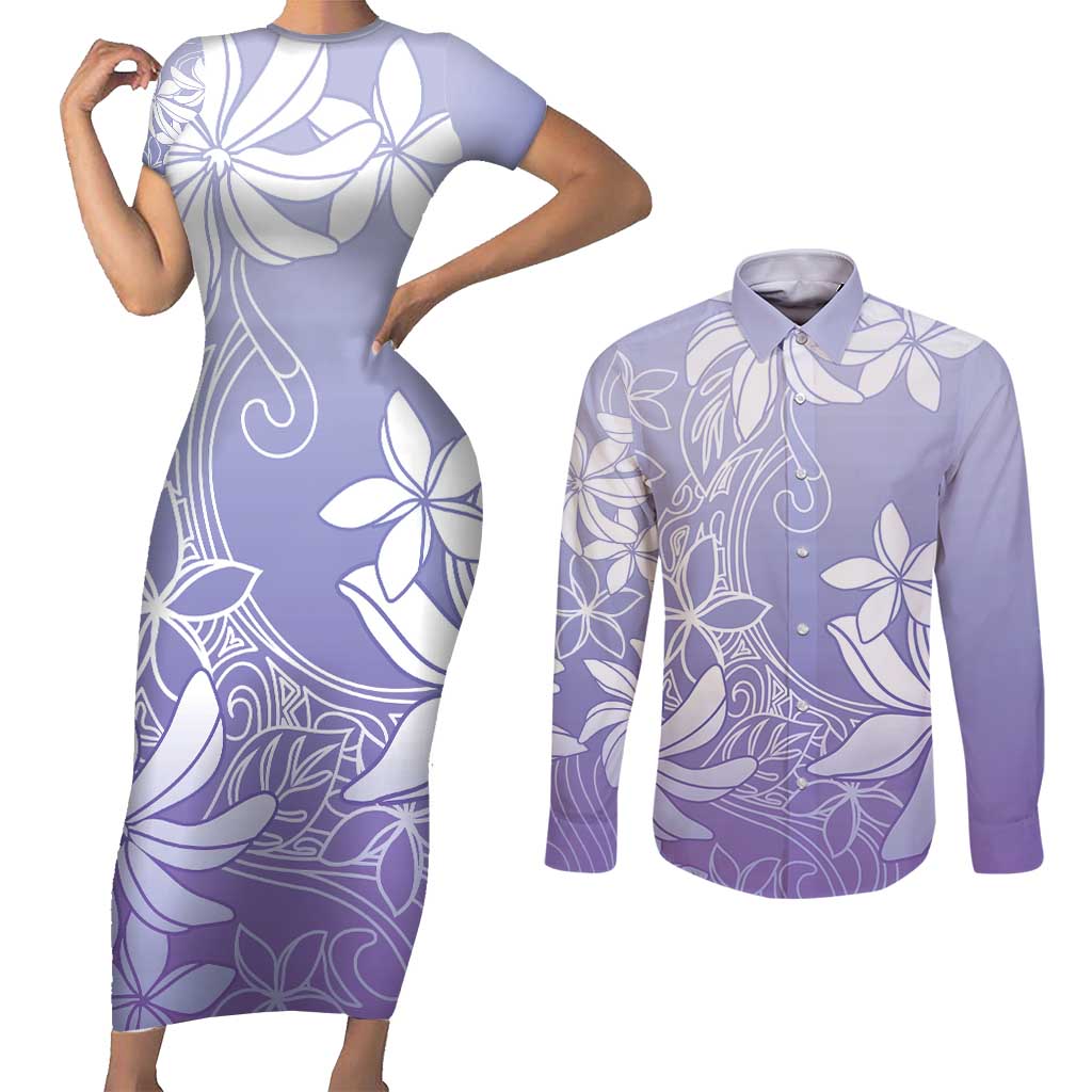 Tiare Tahiti Couples Matching Short Sleeve Bodycon Dress and Long Sleeve Button Shirt Purple Polynesia Motifs LT05 Purple - Polynesian Pride