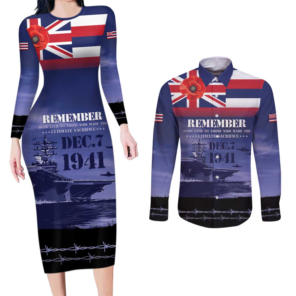 Hawaii Pearl Harbor Remembrance Day Couples Matching Long Sleeve Bodycon Dress and Long Sleeve Button Shirt Flag Style LT05 Blue - Polynesian Pride