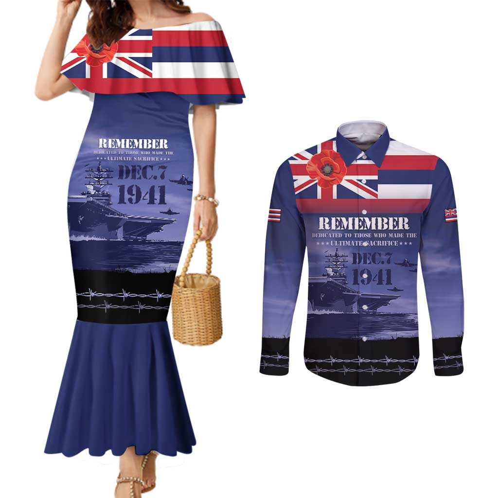 Hawaii Pearl Harbor Remembrance Day Couples Matching Mermaid Dress and Long Sleeve Button Shirt Flag Style LT05 Blue - Polynesian Pride