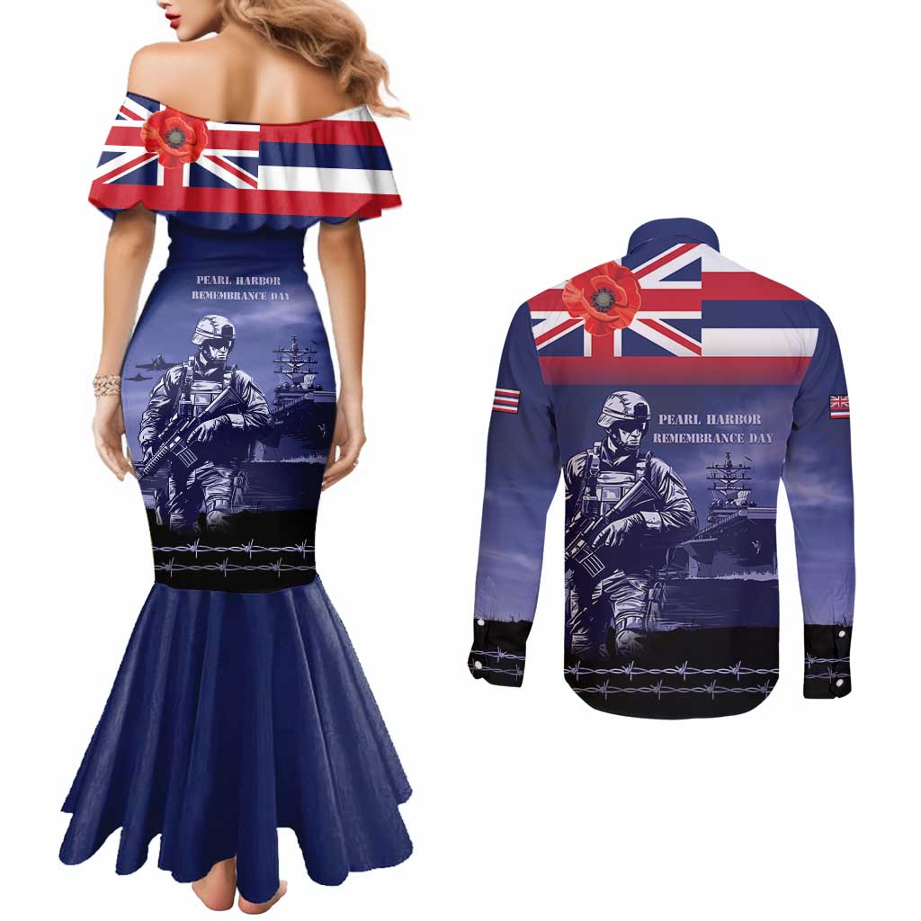Hawaii Pearl Harbor Remembrance Day Couples Matching Mermaid Dress and Long Sleeve Button Shirt Flag Style LT05 - Polynesian Pride