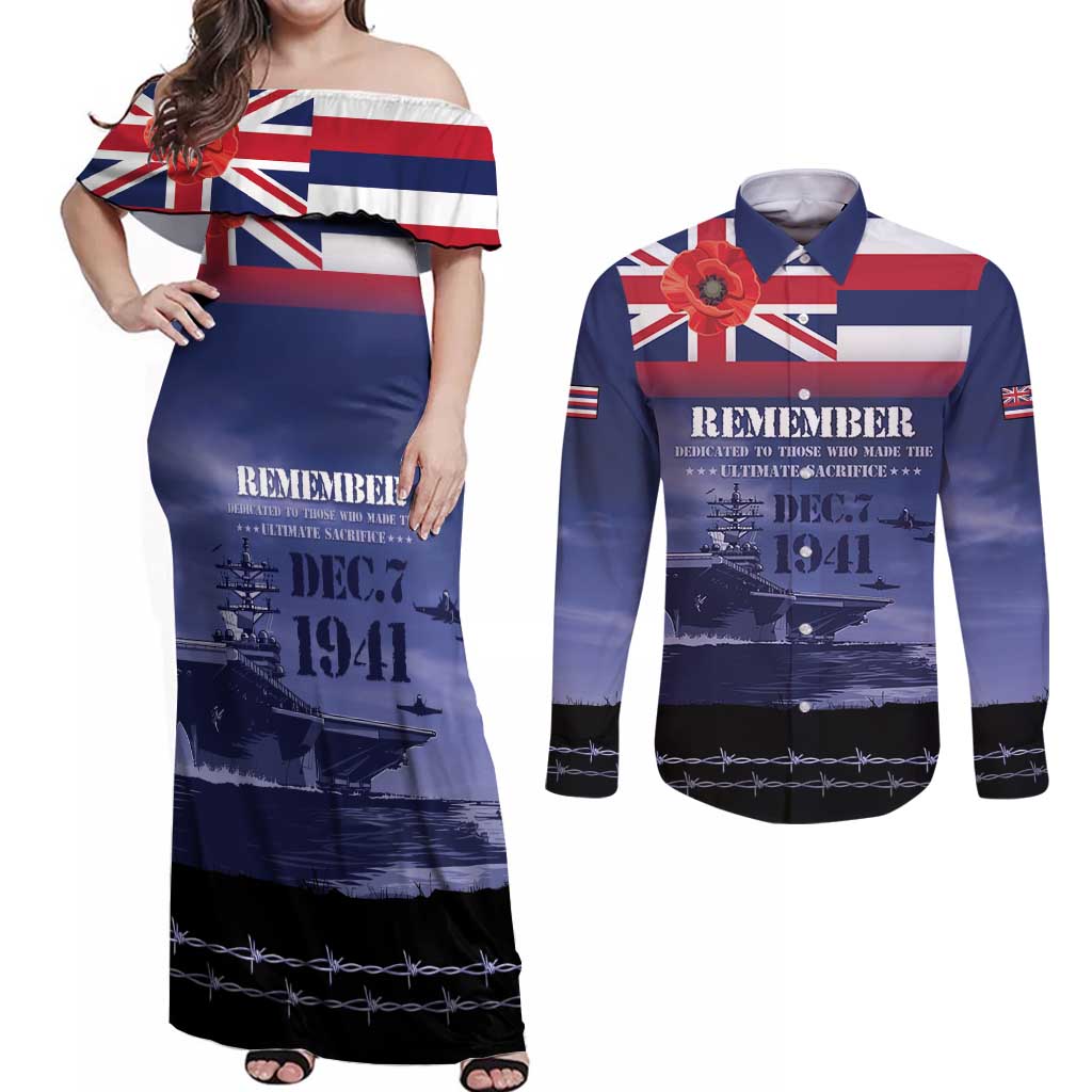 Hawaii Pearl Harbor Remembrance Day Couples Matching Off Shoulder Maxi Dress and Long Sleeve Button Shirt Flag Style LT05 Blue - Polynesian Pride