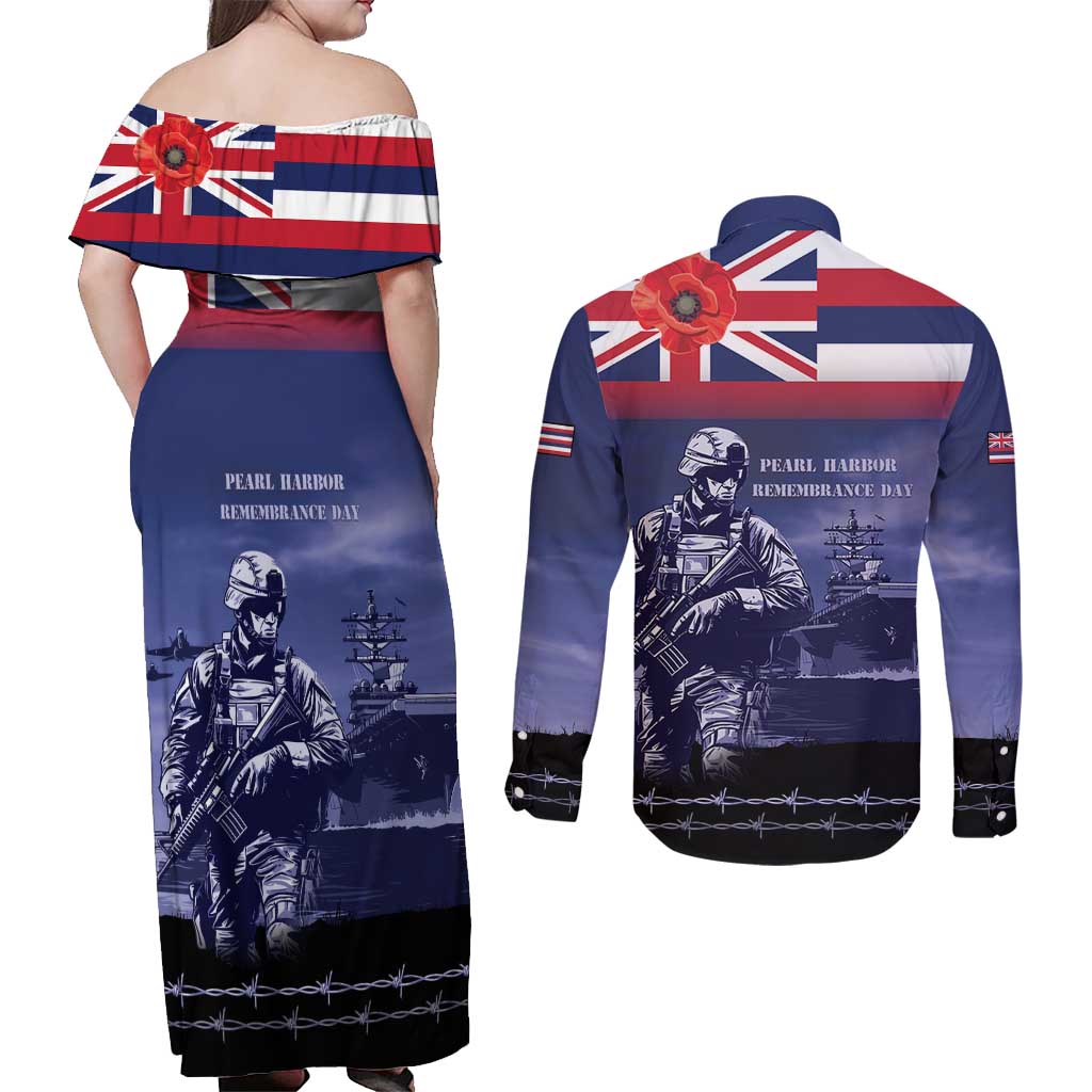Hawaii Pearl Harbor Remembrance Day Couples Matching Off Shoulder Maxi Dress and Long Sleeve Button Shirt Flag Style LT05 - Polynesian Pride