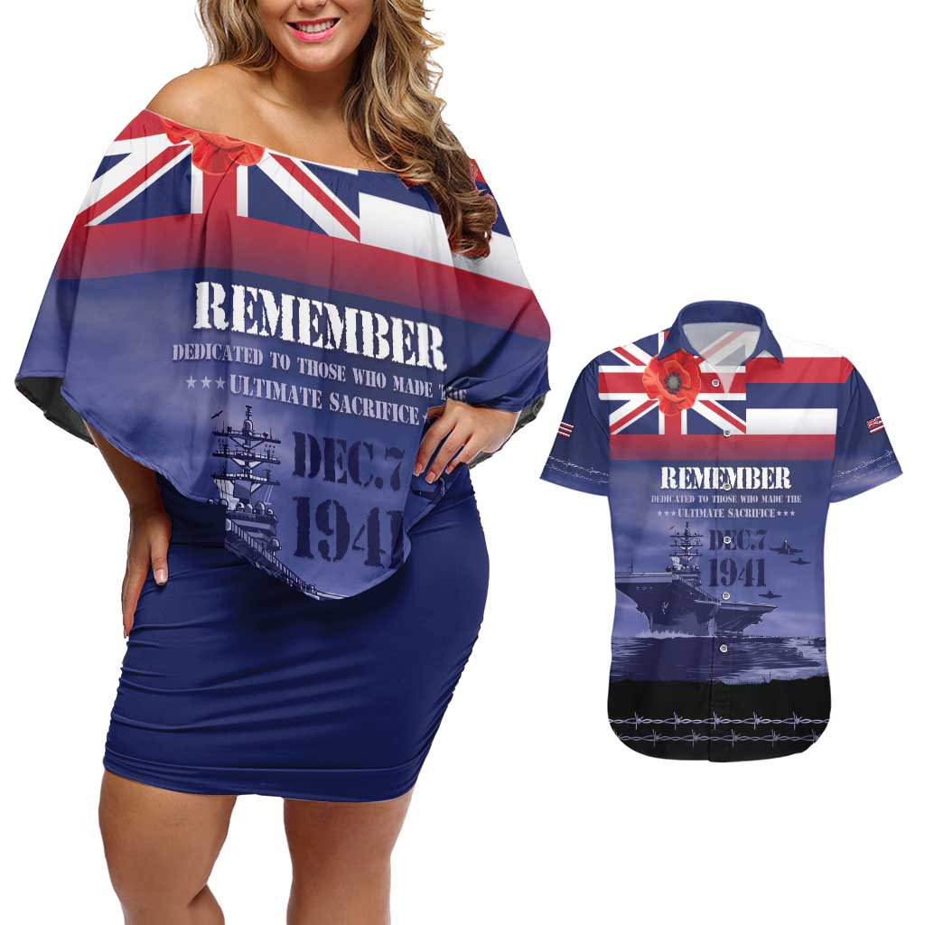 Hawaii Pearl Harbor Remembrance Day Couples Matching Off Shoulder Short Dress and Hawaiian Shirt Flag Style LT05 Blue - Polynesian Pride