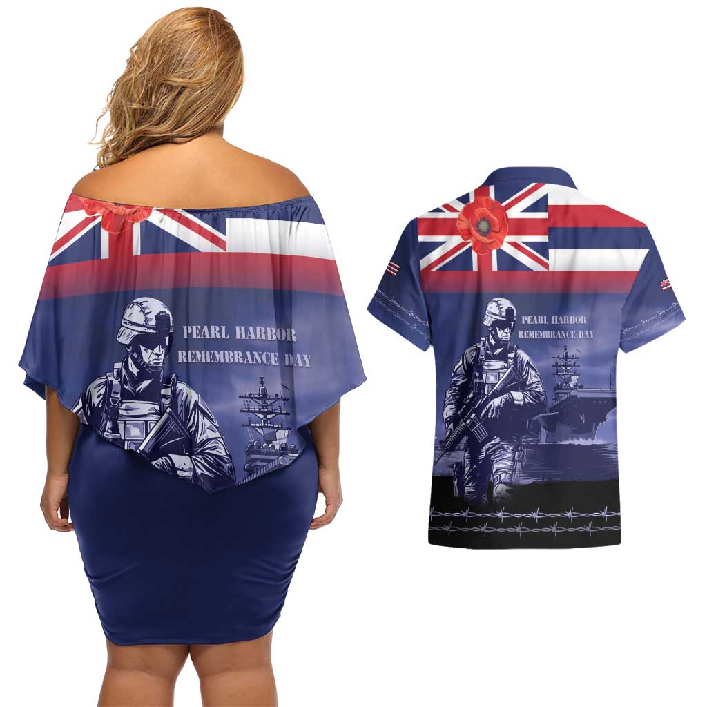 Hawaii Pearl Harbor Remembrance Day Couples Matching Off Shoulder Short Dress and Hawaiian Shirt Flag Style LT05 - Polynesian Pride