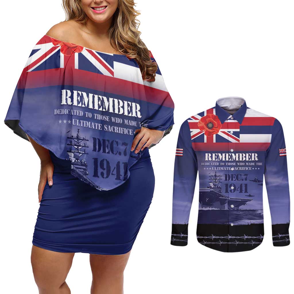 Hawaii Pearl Harbor Remembrance Day Couples Matching Off Shoulder Short Dress and Long Sleeve Button Shirt Flag Style LT05 Blue - Polynesian Pride