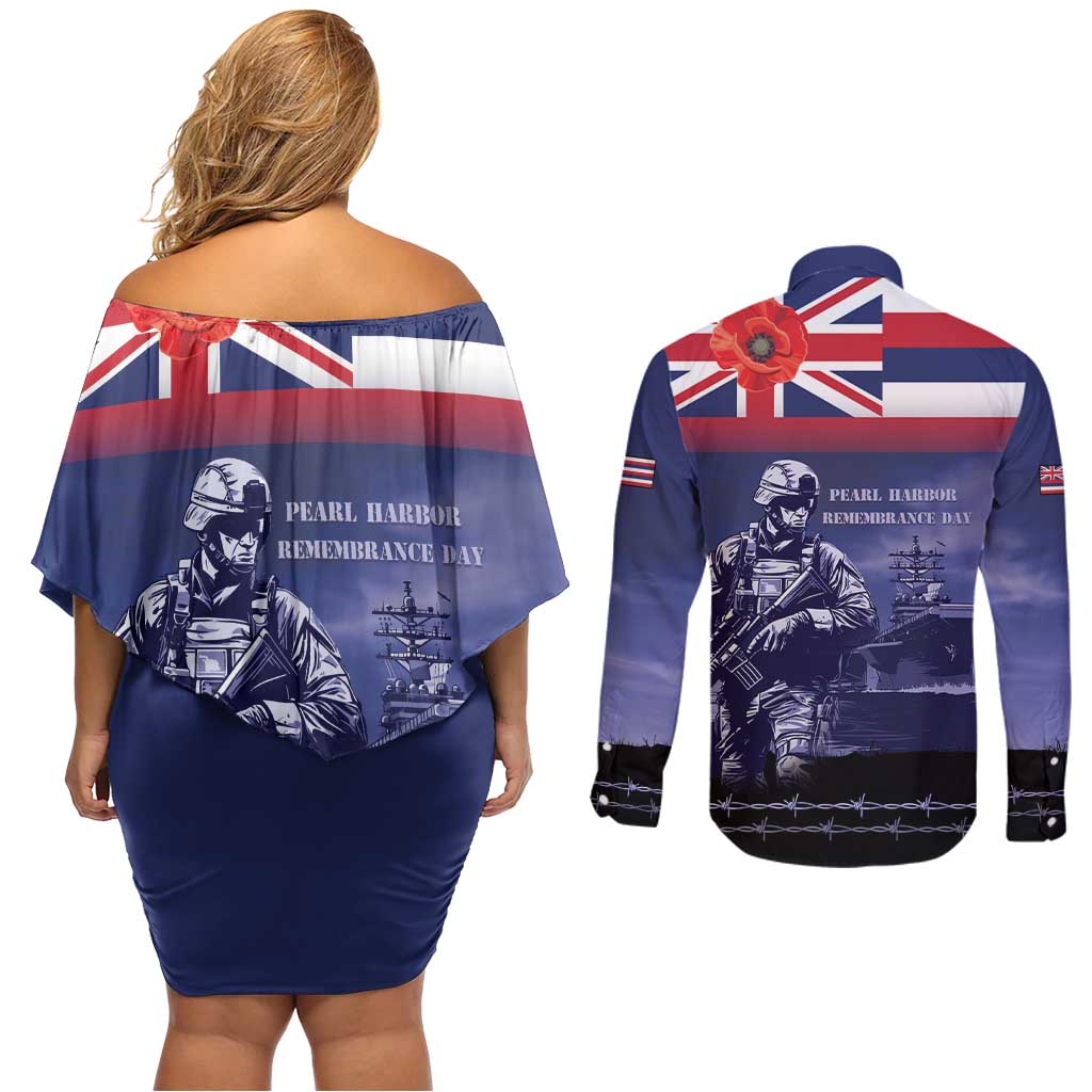 Hawaii Pearl Harbor Remembrance Day Couples Matching Off Shoulder Short Dress and Long Sleeve Button Shirt Flag Style LT05 - Polynesian Pride