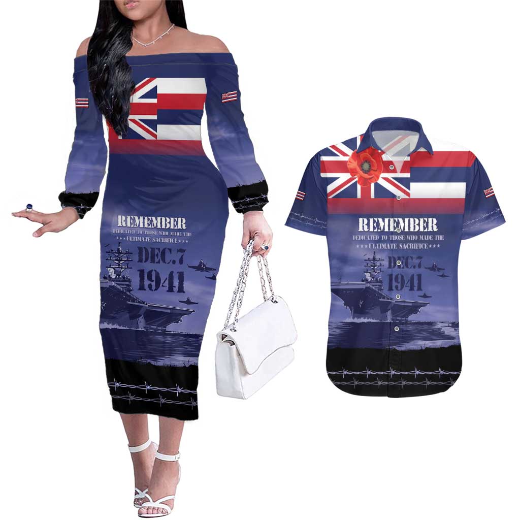 Hawaii Pearl Harbor Remembrance Day Couples Matching Off The Shoulder Long Sleeve Dress and Hawaiian Shirt Flag Style LT05 Blue - Polynesian Pride