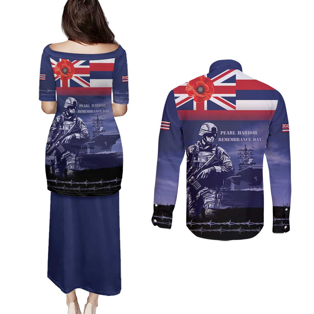 Hawaii Pearl Harbor Remembrance Day Couples Matching Puletasi and Long Sleeve Button Shirt Flag Style LT05 - Polynesian Pride