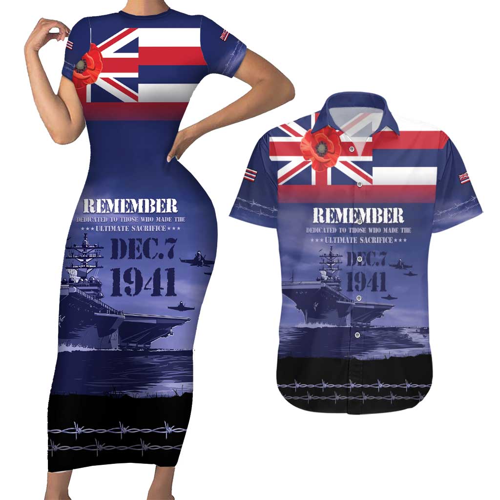 Hawaii Pearl Harbor Remembrance Day Couples Matching Short Sleeve Bodycon Dress and Hawaiian Shirt Flag Style