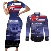 Hawaii Pearl Harbor Remembrance Day Couples Matching Short Sleeve Bodycon Dress and Long Sleeve Button Shirt Flag Style LT05 Blue - Polynesian Pride