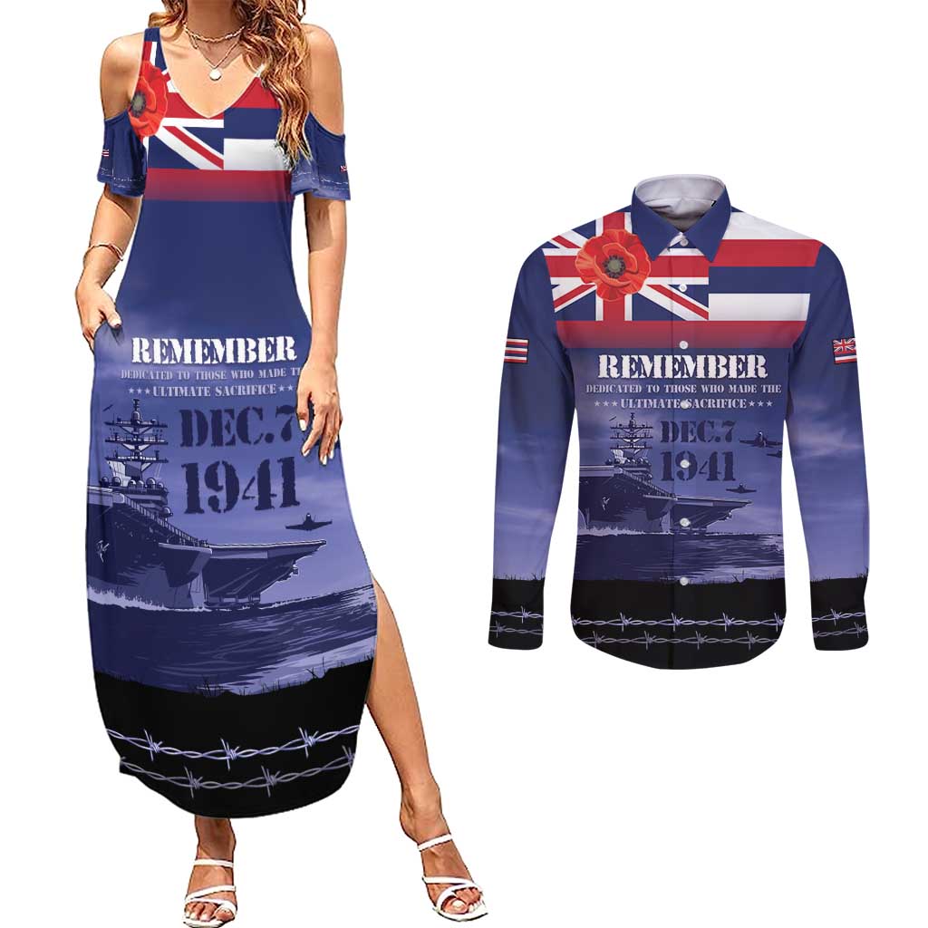 Hawaii Pearl Harbor Remembrance Day Couples Matching Summer Maxi Dress and Long Sleeve Button Shirt Flag Style LT05 Blue - Polynesian Pride