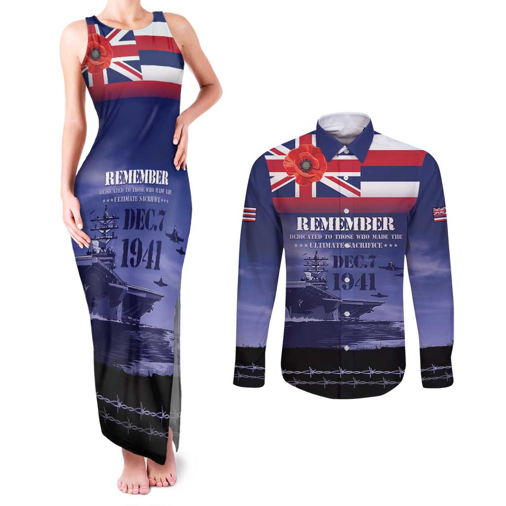 Hawaii Pearl Harbor Remembrance Day Couples Matching Tank Maxi Dress and Long Sleeve Button Shirt Flag Style LT05 Blue - Polynesian Pride