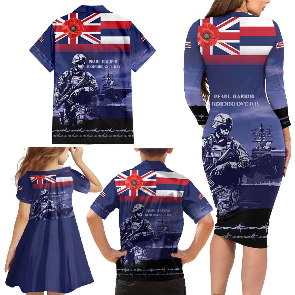 Hawaii Pearl Harbor Remembrance Day Family Matching Long Sleeve Bodycon Dress and Hawaiian Shirt Flag Style