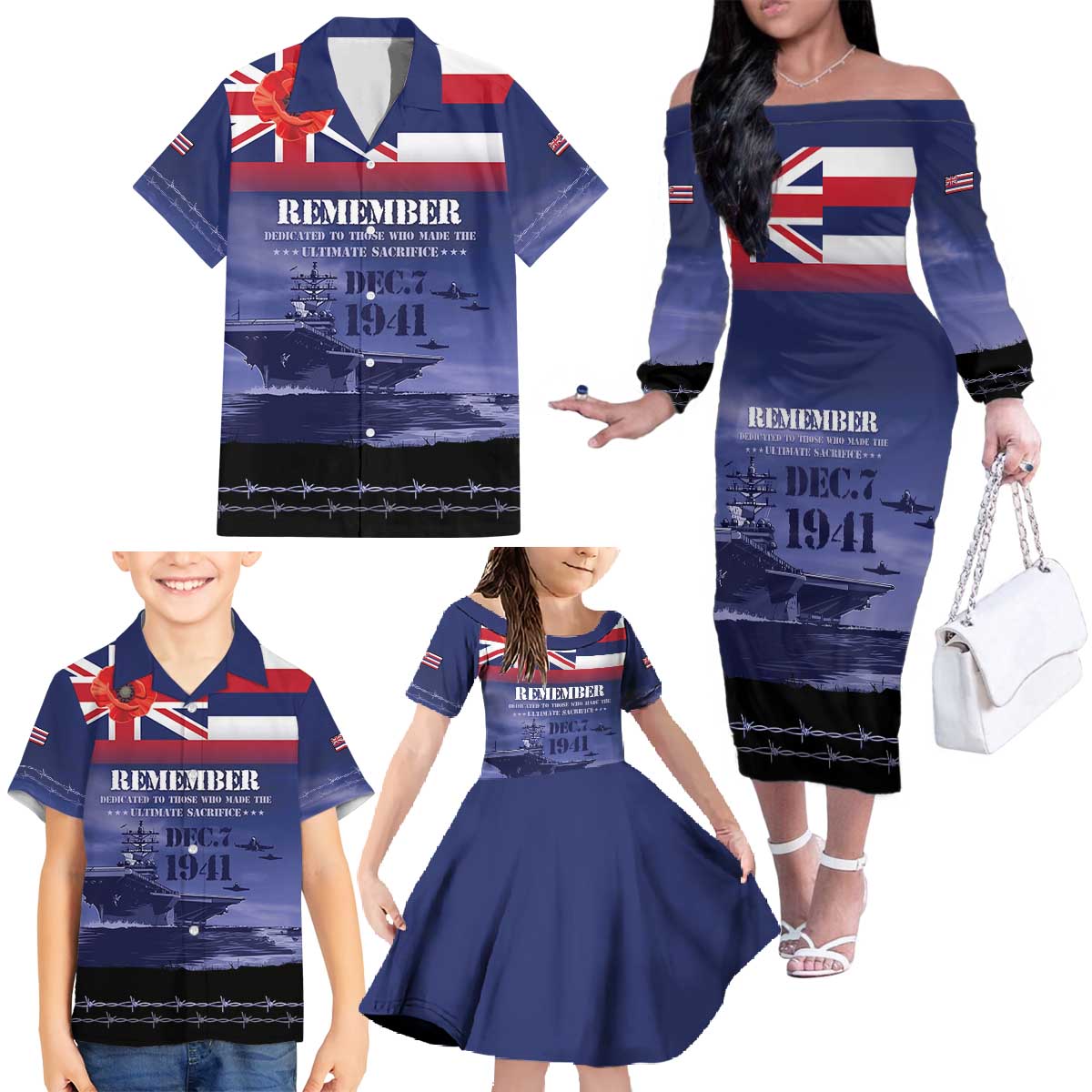 Hawaii Pearl Harbor Remembrance Day Family Matching Off The Shoulder Long Sleeve Dress and Hawaiian Shirt Flag Style