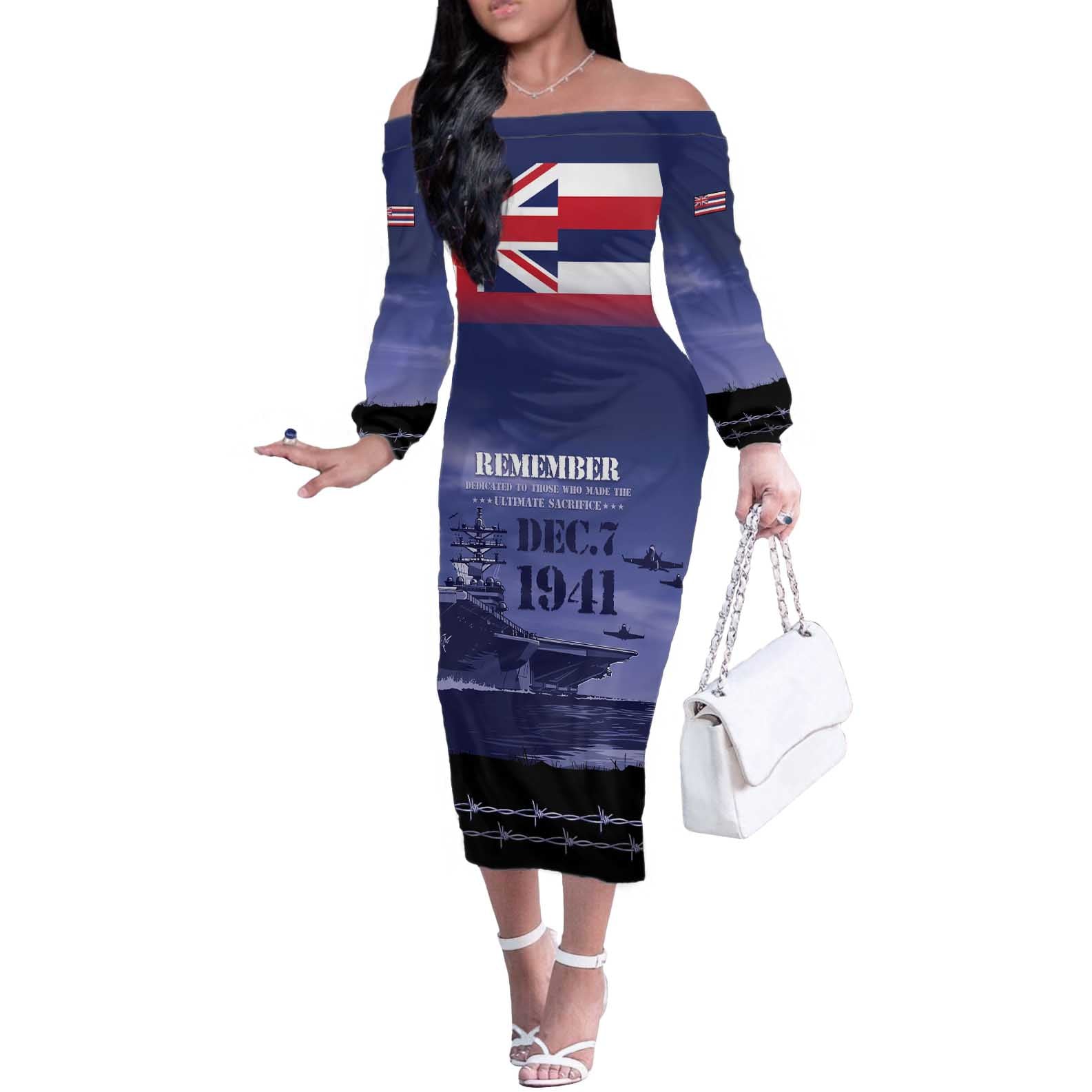 Hawaii Pearl Harbor Remembrance Day Off The Shoulder Long Sleeve Dress Flag Style