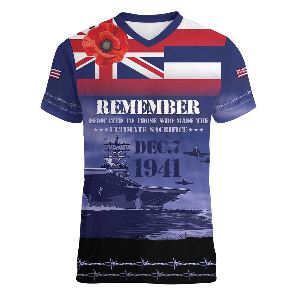 Hawaii Pearl Harbor Remembrance Day Women V-Neck T-Shirt Flag Style LT05 Female Blue - Polynesian Pride