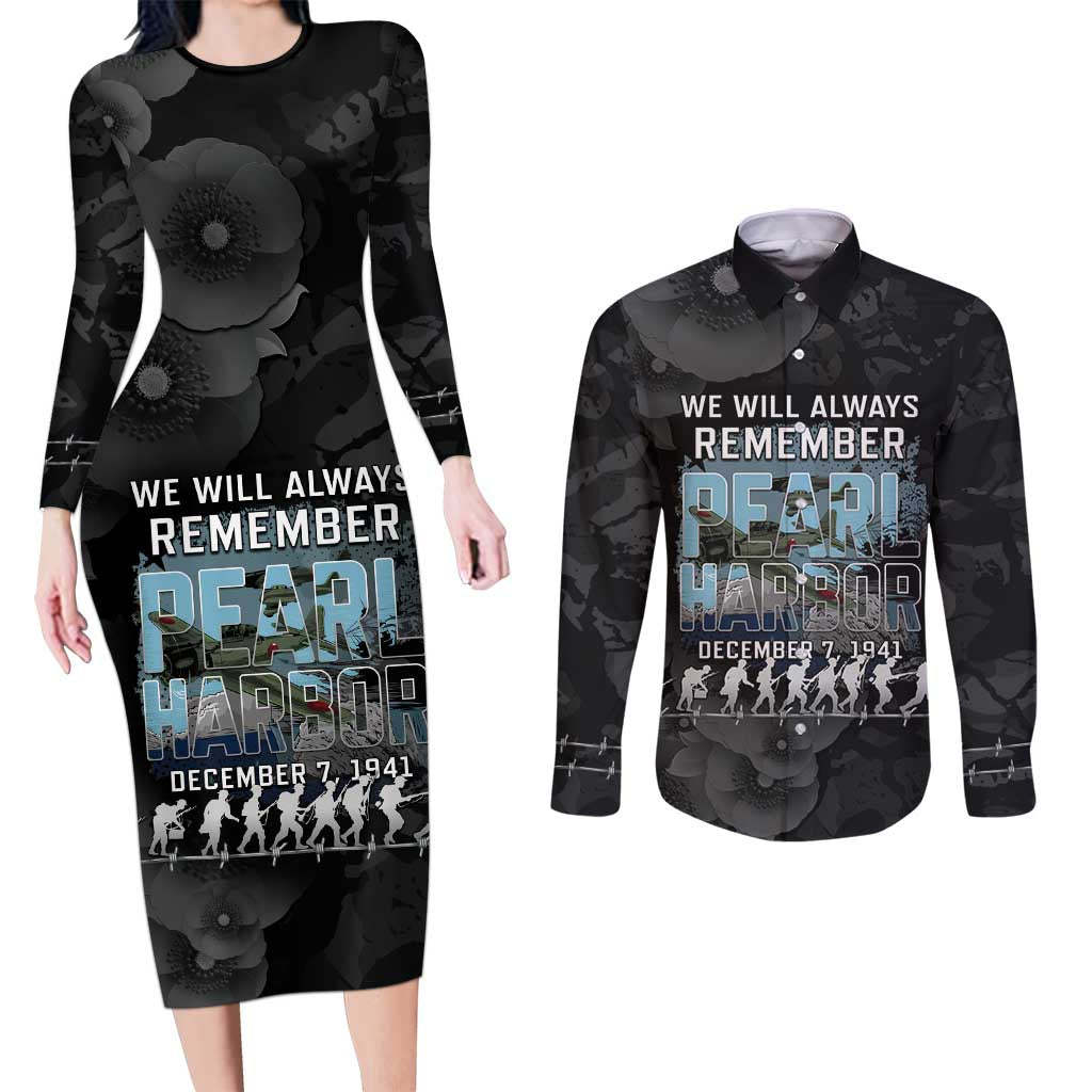 Personalized Pearl Harbor Remembrance Day Couples Matching Long Sleeve Bodycon Dress and Long Sleeve Button Shirt We Will Always Remember LT05 Black - Polynesian Pride