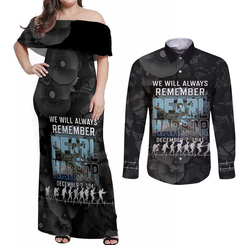 Personalized Pearl Harbor Remembrance Day Couples Matching Off Shoulder Maxi Dress and Long Sleeve Button Shirt We Will Always Remember LT05 Black - Polynesian Pride