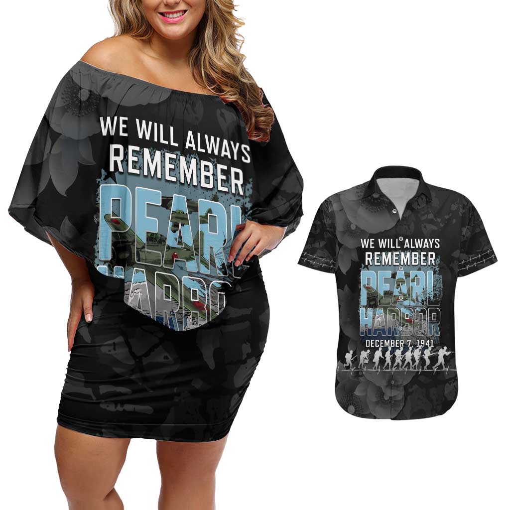 Personalized Pearl Harbor Remembrance Day Couples Matching Off Shoulder Short Dress and Hawaiian Shirt We Will Always Remember LT05 Black - Polynesian Pride