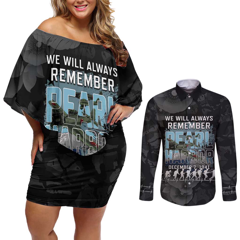Personalized Pearl Harbor Remembrance Day Couples Matching Off Shoulder Short Dress and Long Sleeve Button Shirt We Will Always Remember LT05 Black - Polynesian Pride