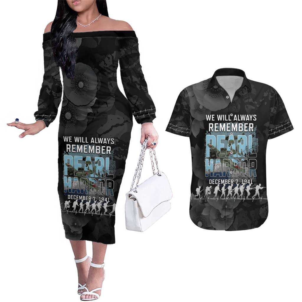 Personalized Pearl Harbor Remembrance Day Couples Matching Off The Shoulder Long Sleeve Dress and Hawaiian Shirt We Will Always Remember LT05 Black - Polynesian Pride