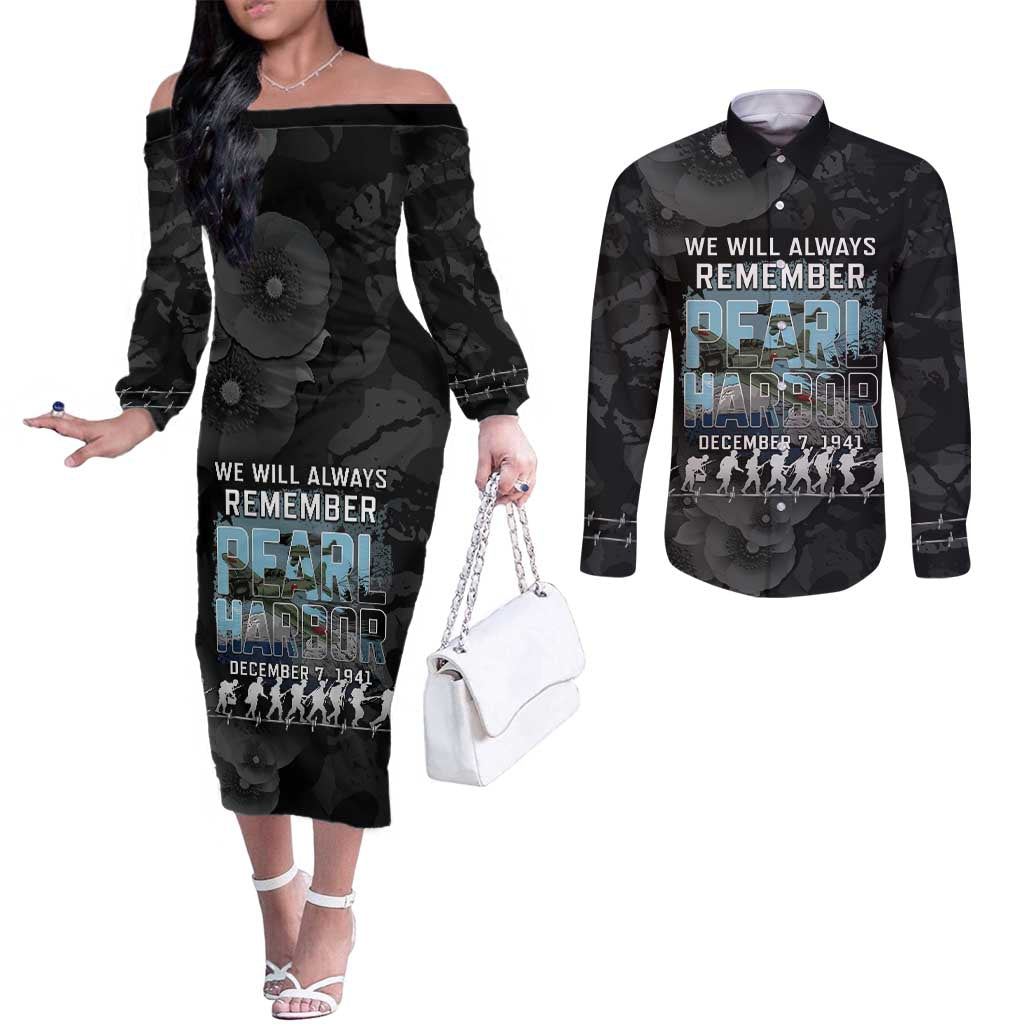 Personalized Pearl Harbor Remembrance Day Couples Matching Off The Shoulder Long Sleeve Dress and Long Sleeve Button Shirt We Will Always Remember LT05 Black - Polynesian Pride