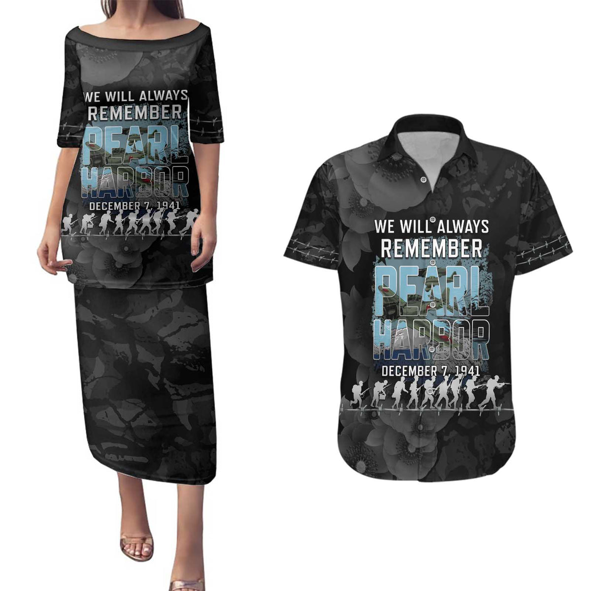 Personalized Pearl Harbor Remembrance Day Couples Matching Puletasi and Hawaiian Shirt We Will Always Remember LT05 Black - Polynesian Pride