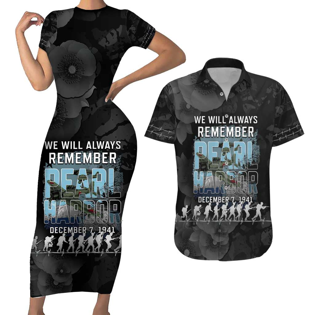 Personalized Pearl Harbor Remembrance Day Couples Matching Short Sleeve Bodycon Dress and Hawaiian Shirt We Will Always Remember LT05 Black - Polynesian Pride