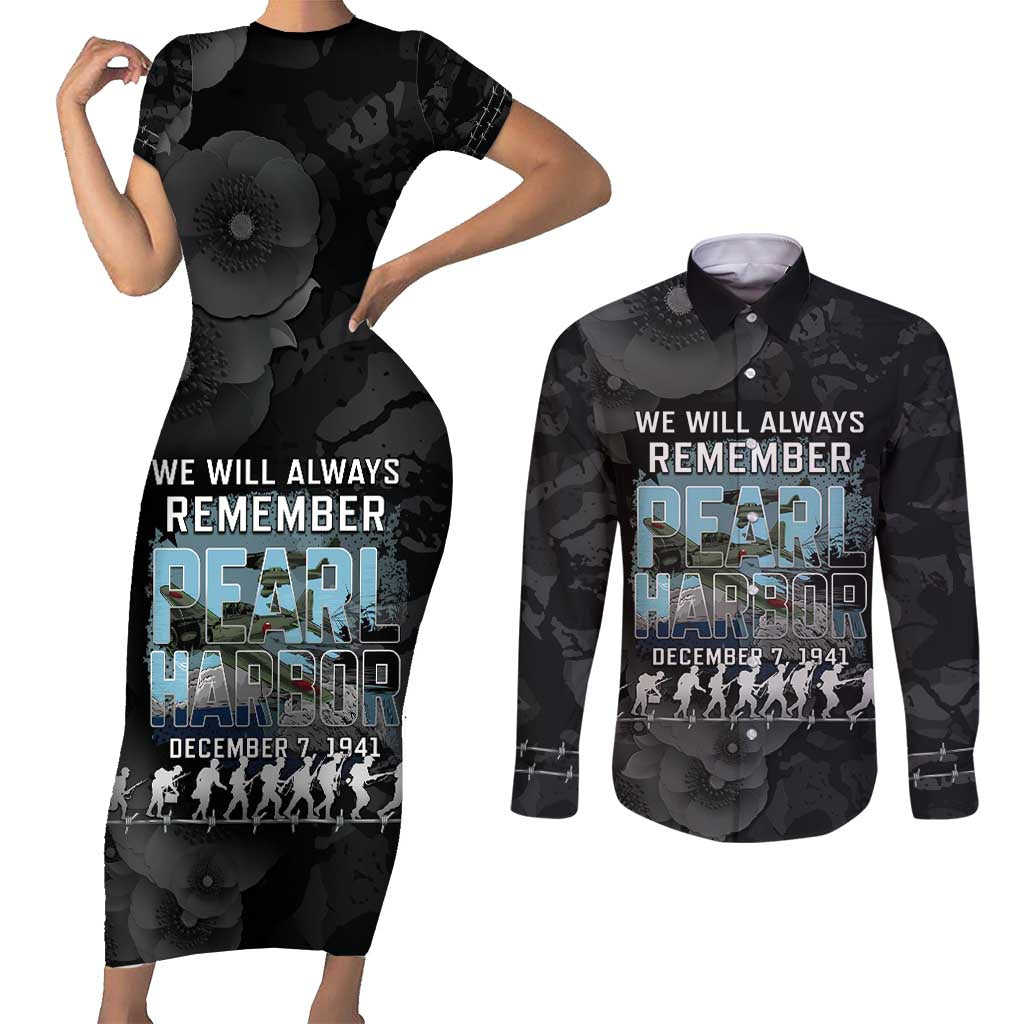 Personalized Pearl Harbor Remembrance Day Couples Matching Short Sleeve Bodycon Dress and Long Sleeve Button Shirt We Will Always Remember LT05 Black - Polynesian Pride