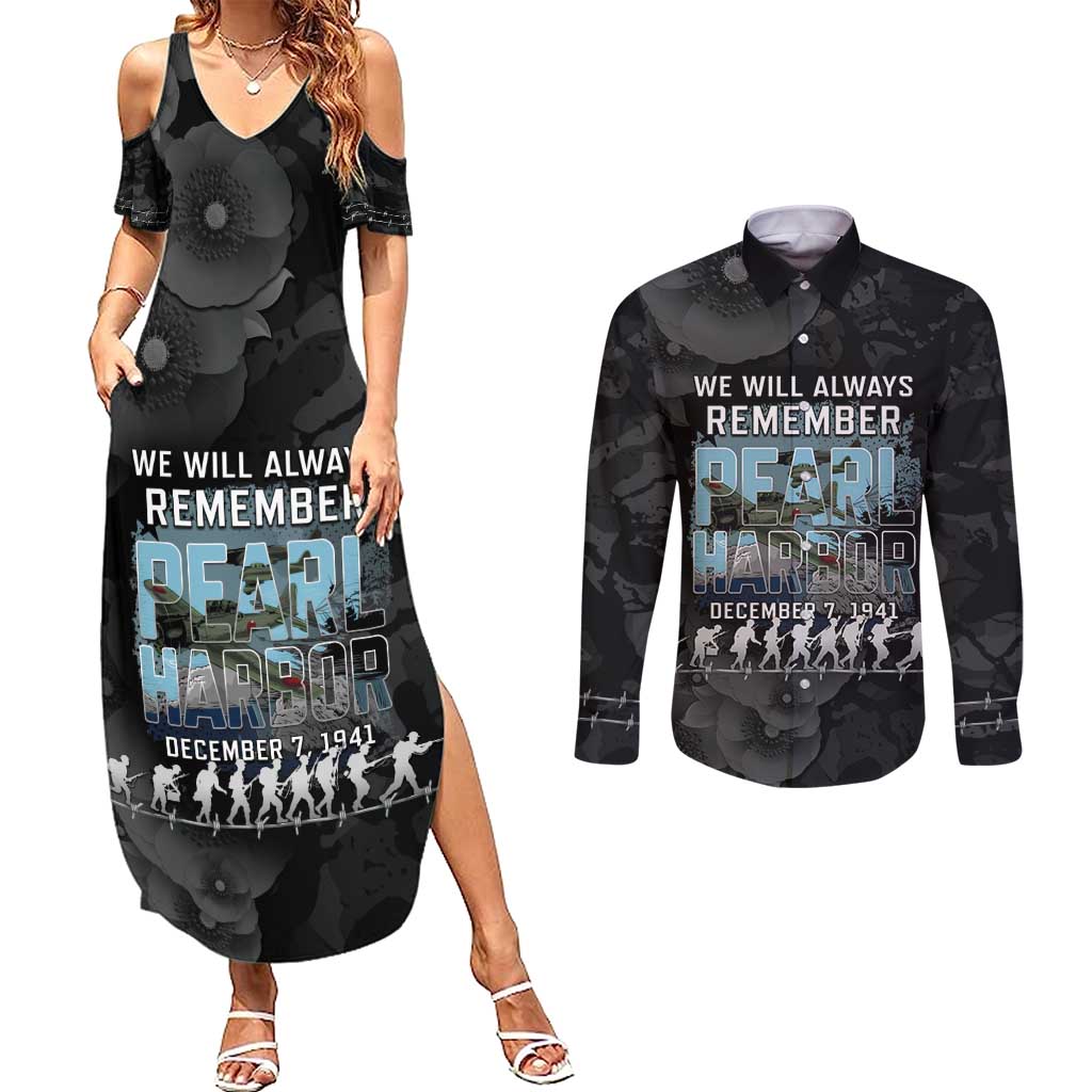 Personalized Pearl Harbor Remembrance Day Couples Matching Summer Maxi Dress and Long Sleeve Button Shirt We Will Always Remember LT05 Black - Polynesian Pride