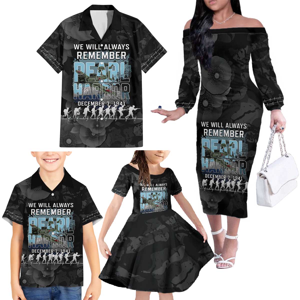 Personalized Pearl Harbor Remembrance Day Family Matching Off The Shoulder Long Sleeve Dress and Hawaiian Shirt We Will Always Remember