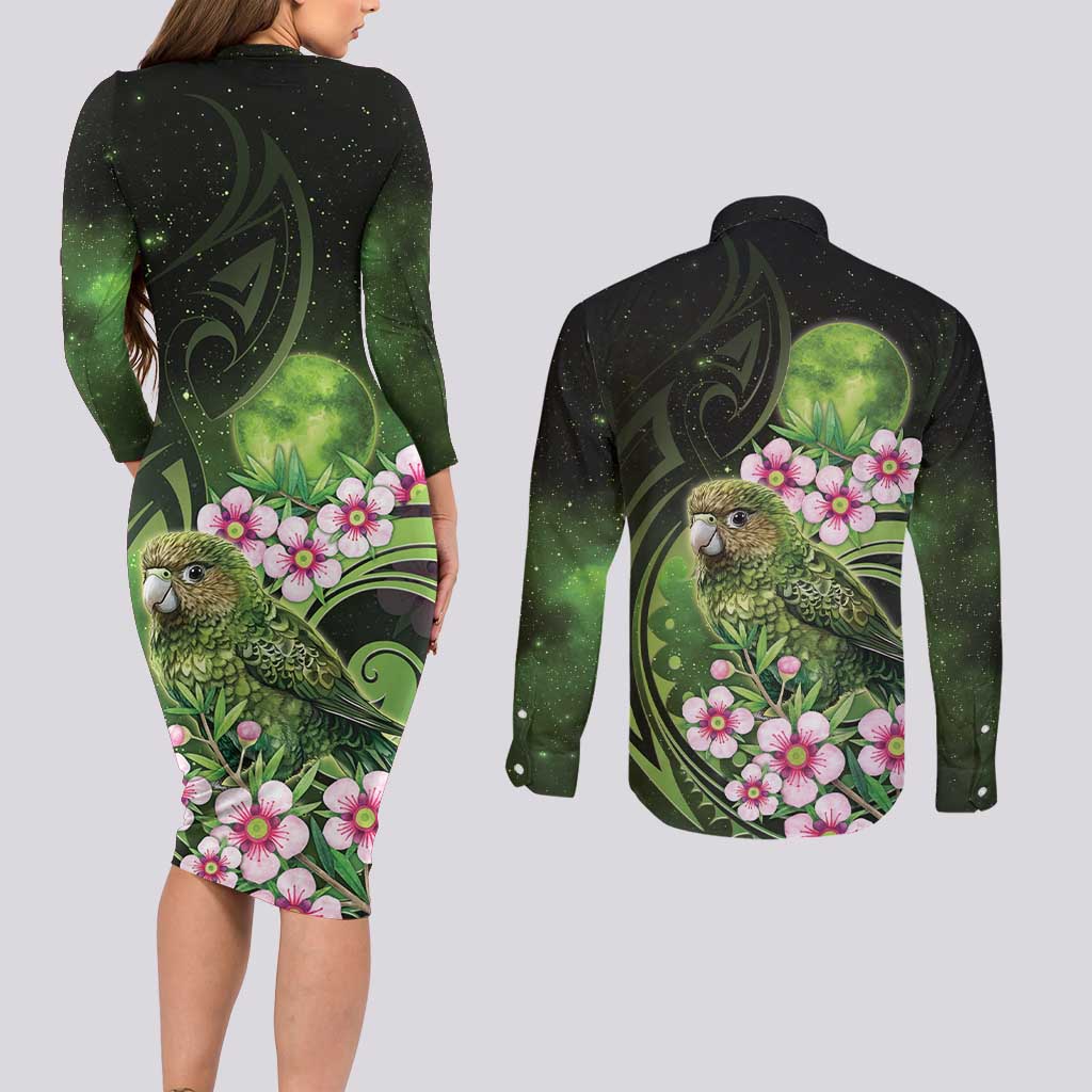 New Zealand Aotearoa Kakapo Couples Matching Long Sleeve Bodycon Dress and Long Sleeve Button Shirt Maori Pattern With Manuka Galaxy Style - Polynesian Pride
