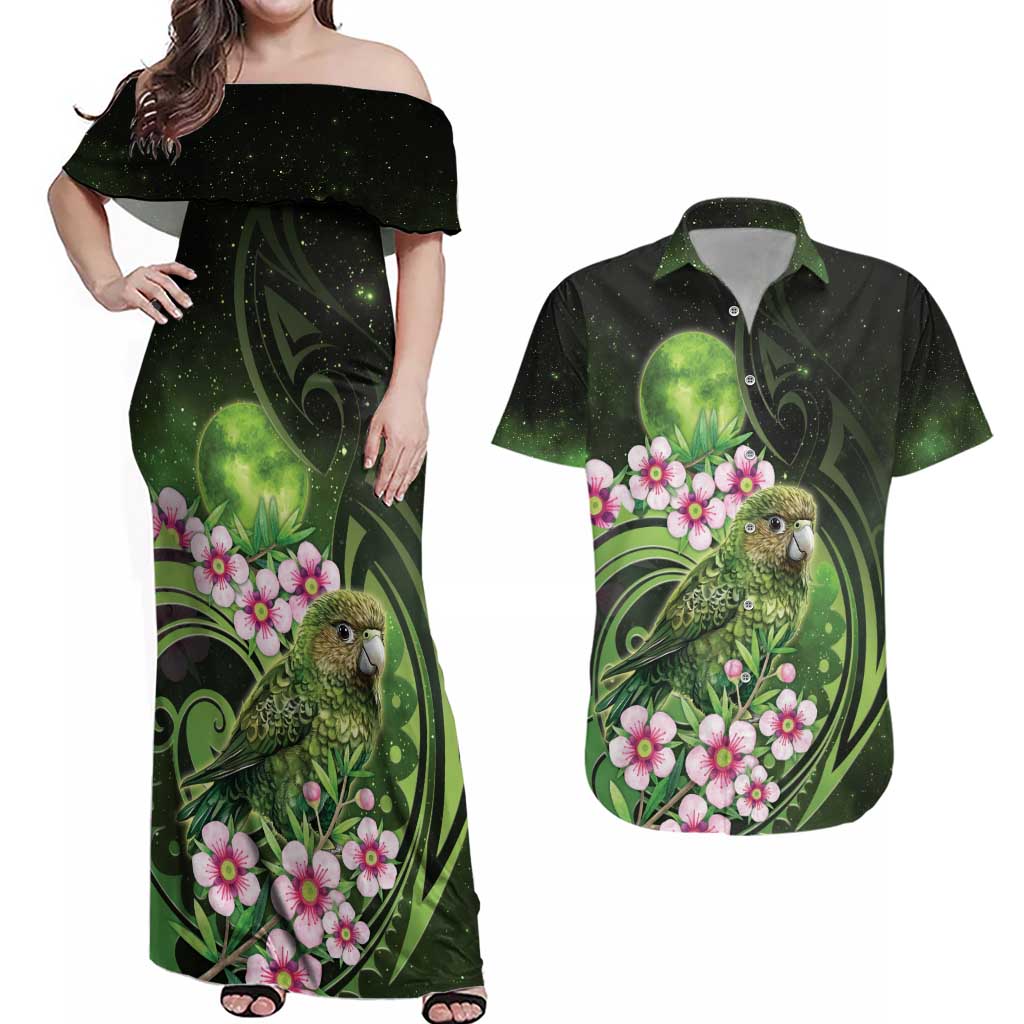 New Zealand Aotearoa Kakapo Couples Matching Off Shoulder Maxi Dress and Hawaiian Shirt Maori Pattern With Manuka Galaxy Style - Polynesian Pride
