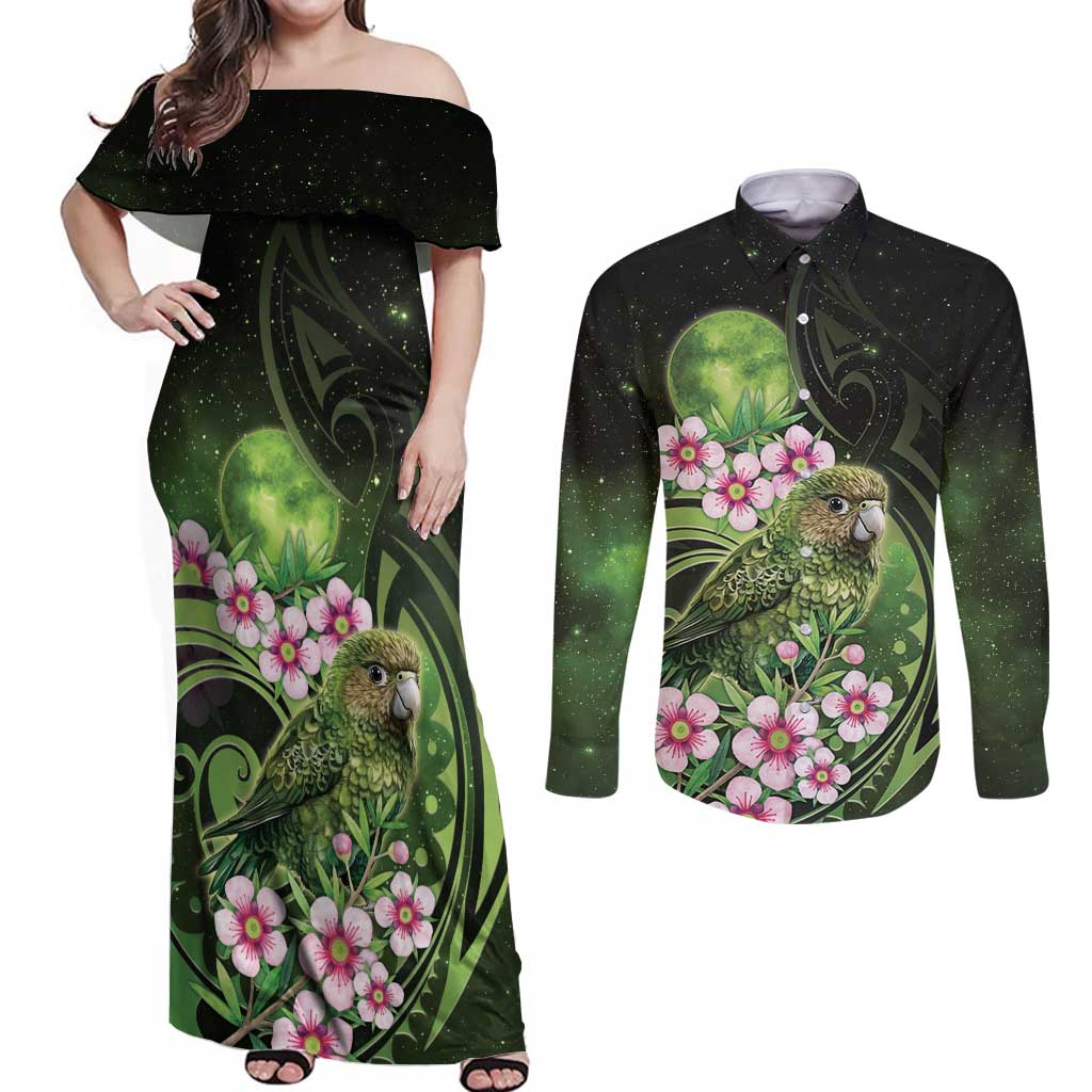 New Zealand Aotearoa Kakapo Couples Matching Off Shoulder Maxi Dress and Long Sleeve Button Shirt Maori Pattern With Manuka Galaxy Style - Polynesian Pride