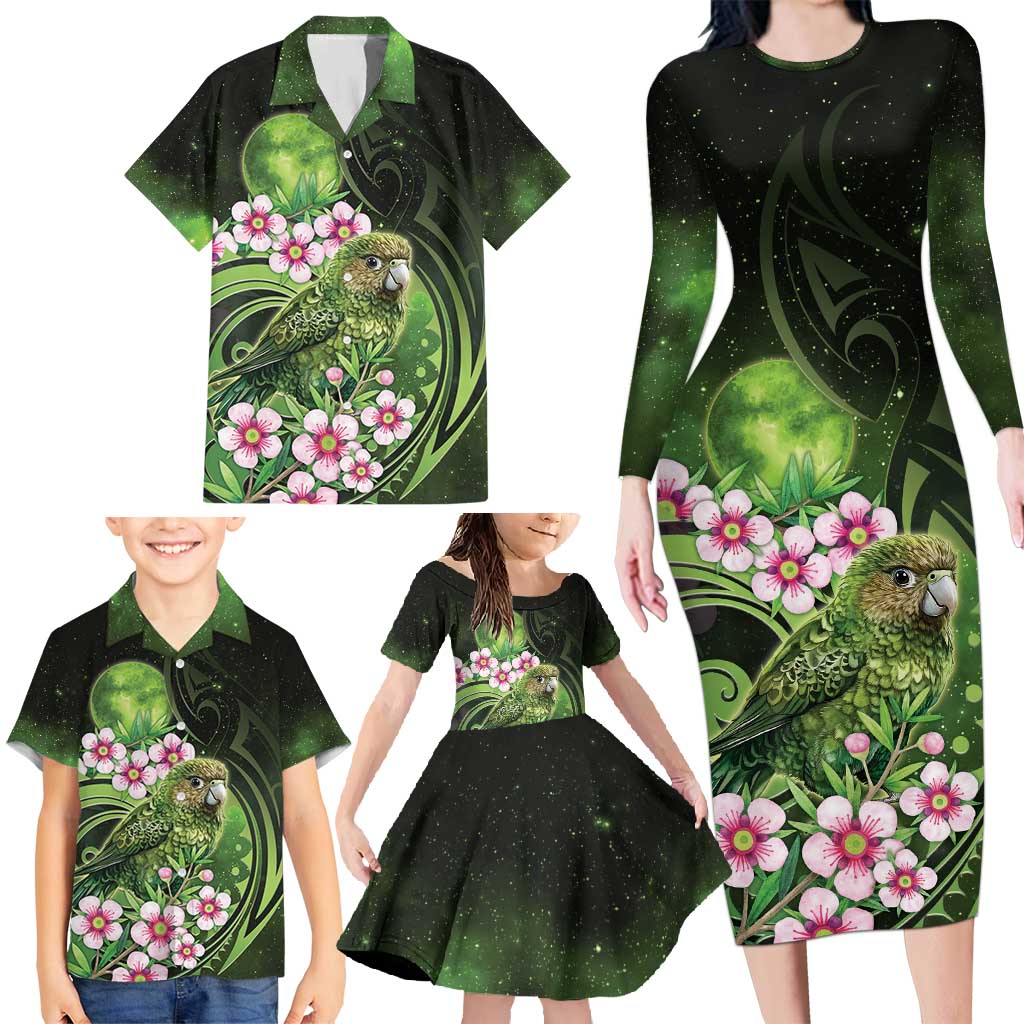 New Zealand Aotearoa Kakapo Family Matching Long Sleeve Bodycon Dress and Hawaiian Shirt Maori Pattern With Manuka Galaxy Style - Polynesian Pride