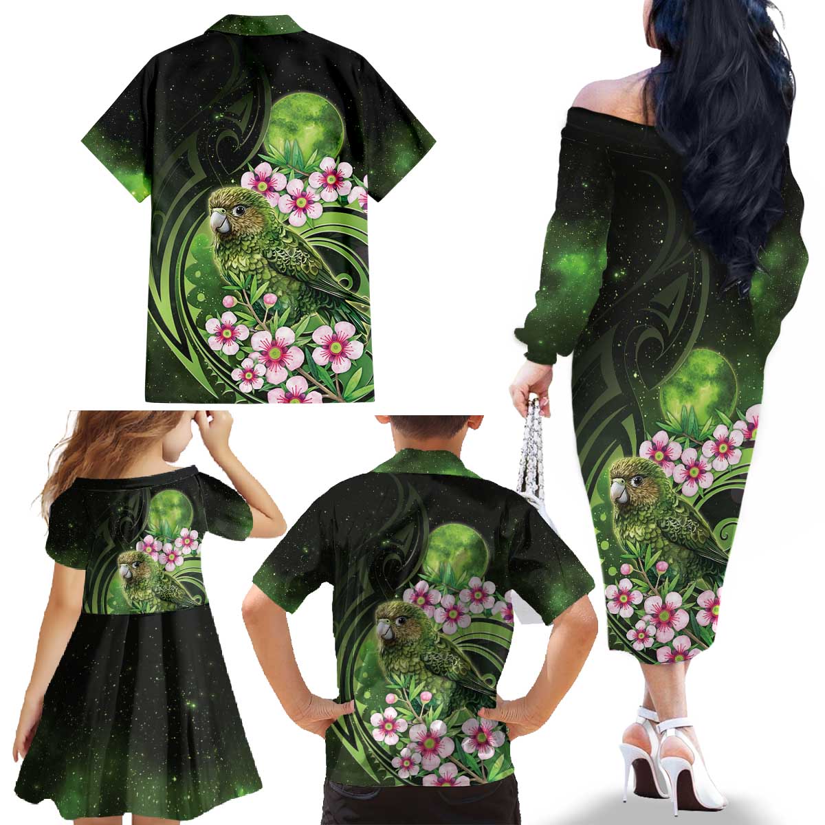 New Zealand Aotearoa Kakapo Family Matching Off The Shoulder Long Sleeve Dress and Hawaiian Shirt Maori Pattern With Manuka Galaxy Style - Polynesian Pride