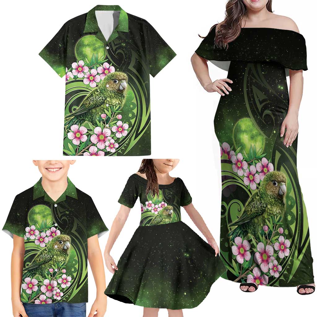 New Zealand Aotearoa Kakapo Family Matching Off Shoulder Maxi Dress and Hawaiian Shirt Maori Pattern With Manuka Galaxy Style - Polynesian Pride