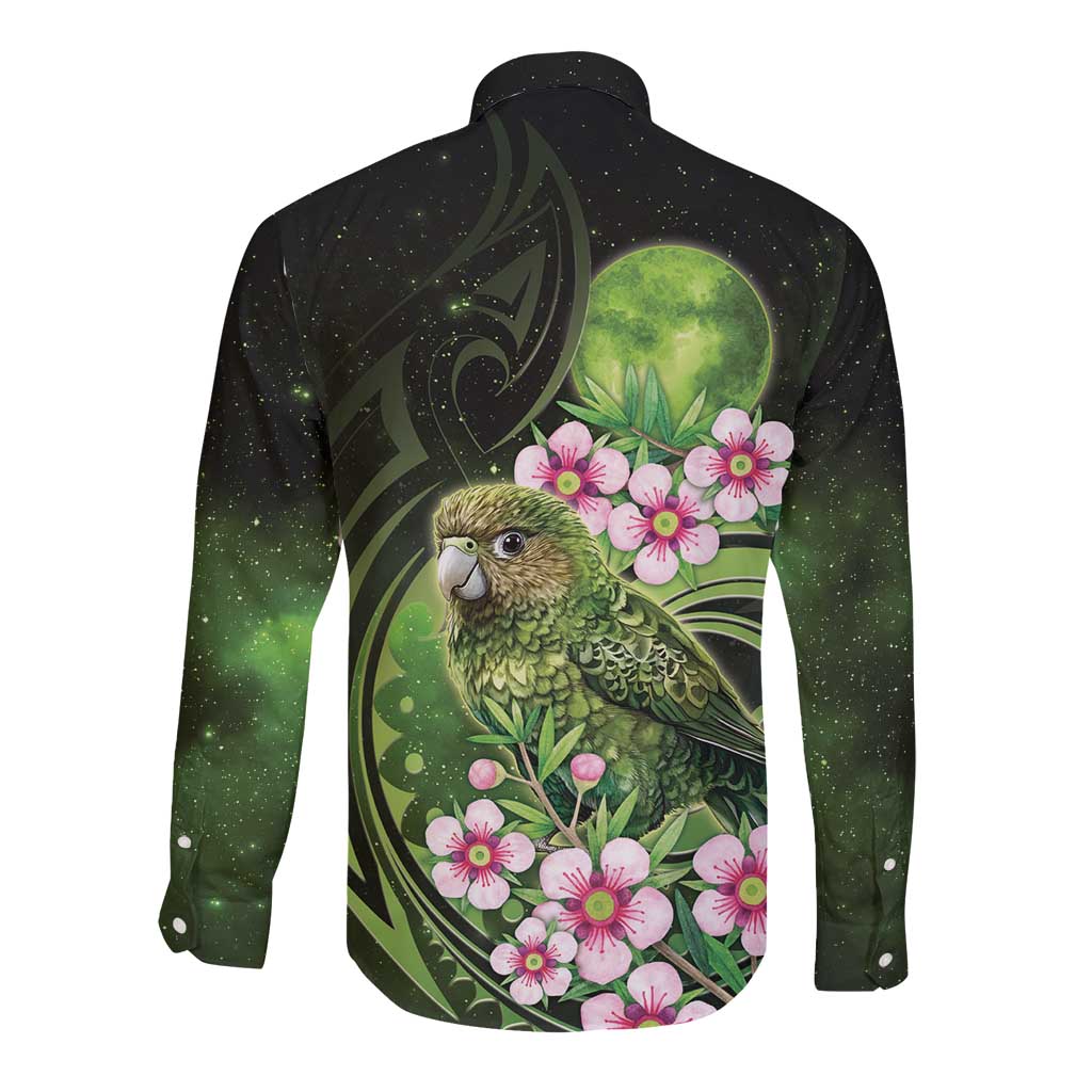 New Zealand Aotearoa Kakapo Long Sleeve Button Shirt Maori Pattern With Manuka Galaxy Style - Polynesian Pride