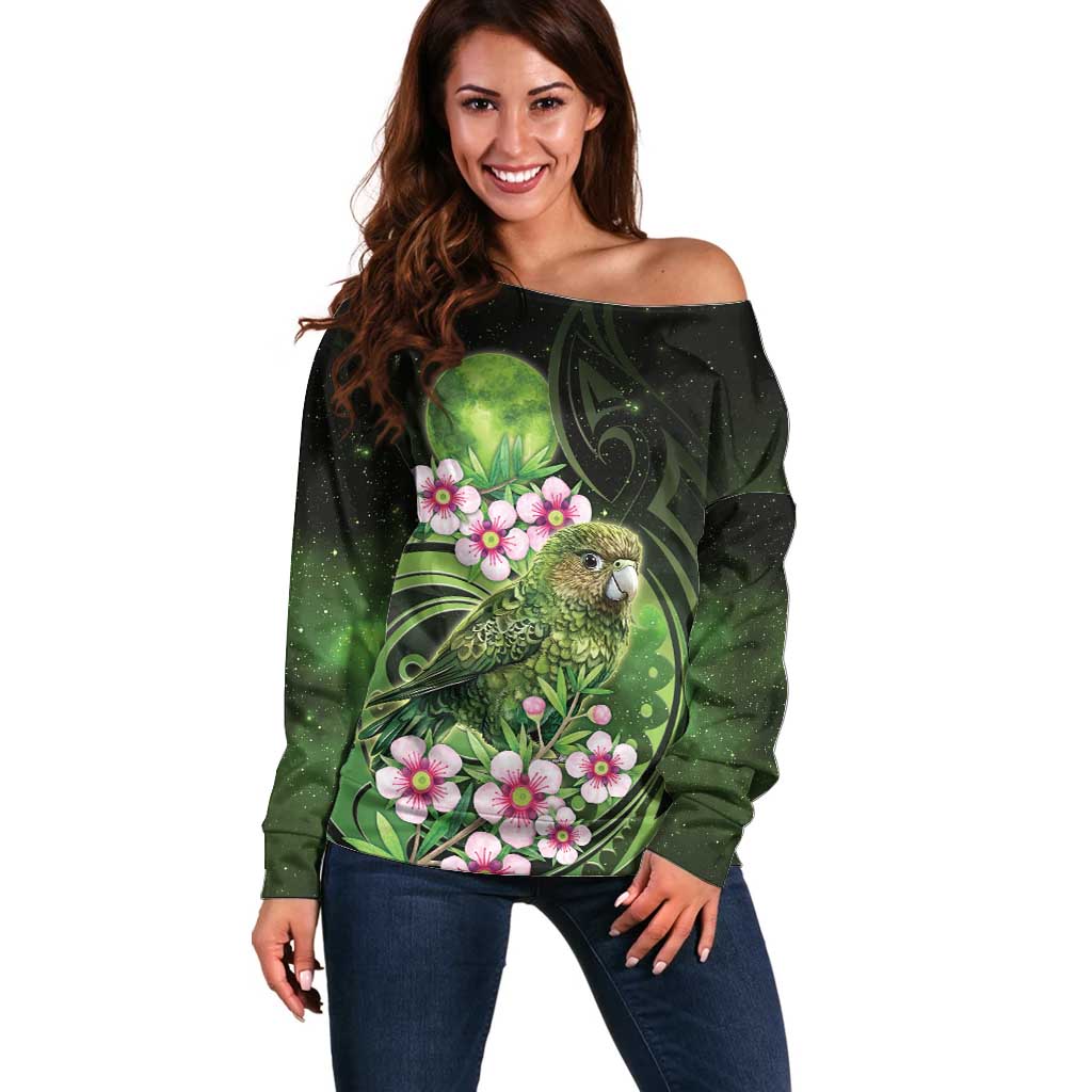 New Zealand Aotearoa Kakapo Off Shoulder Sweater Maori Pattern With Manuka Galaxy Style - Polynesian Pride