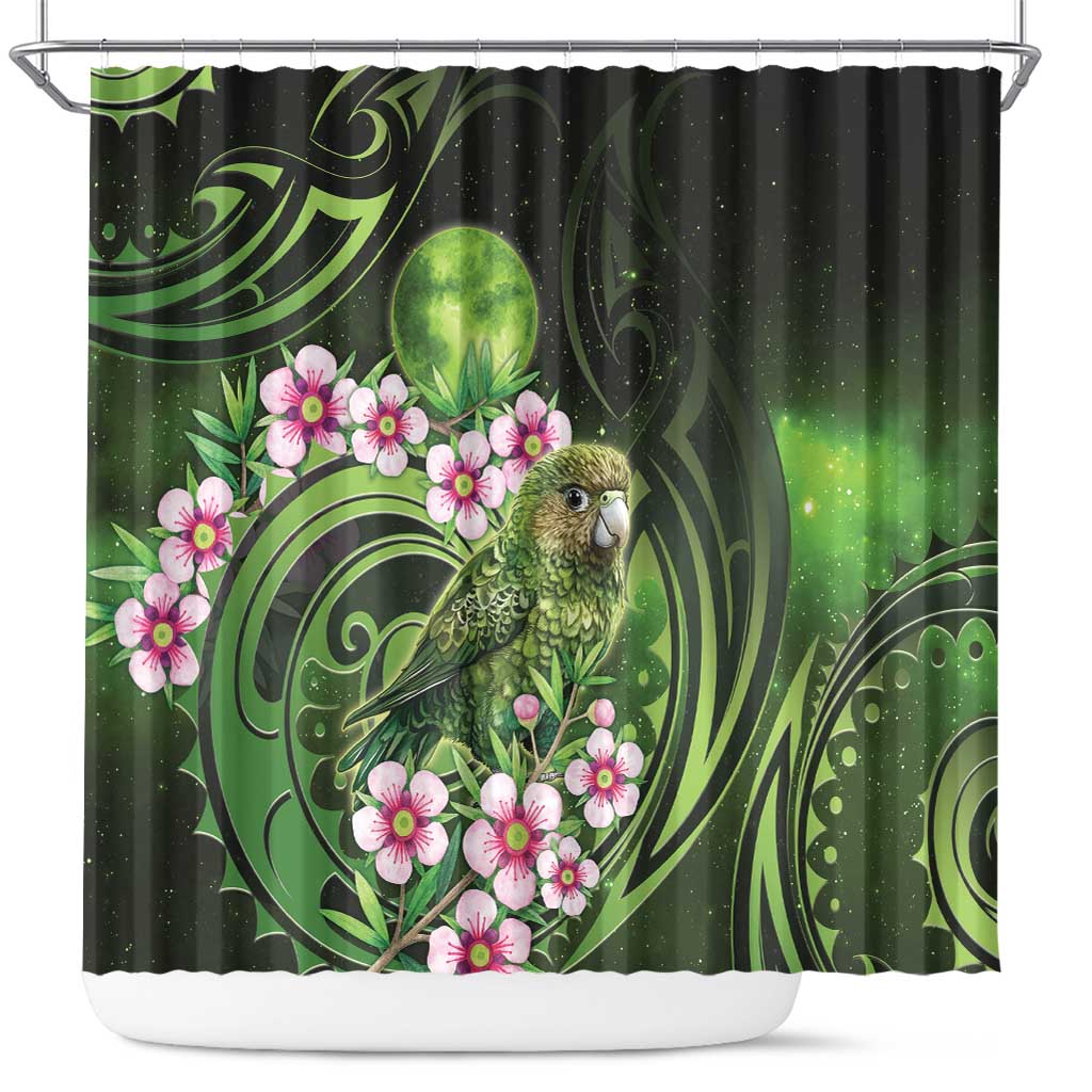 New Zealand Aotearoa Kakapo Shower Curtain Maori Pattern With Manuka Galaxy Style - Polynesian Pride