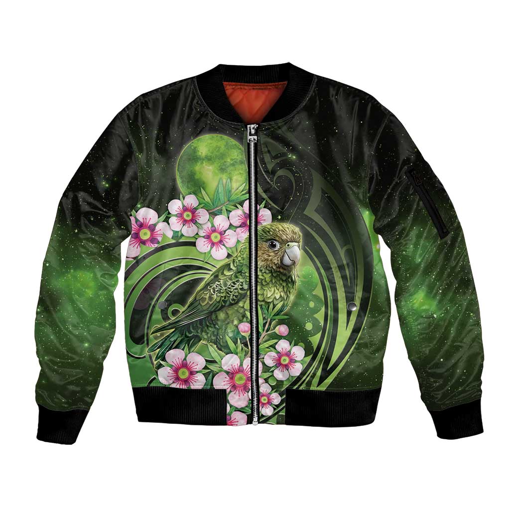 New Zealand Aotearoa Kakapo Sleeve Zip Bomber Jacket Maori Pattern With Manuka Galaxy Style - Polynesian Pride