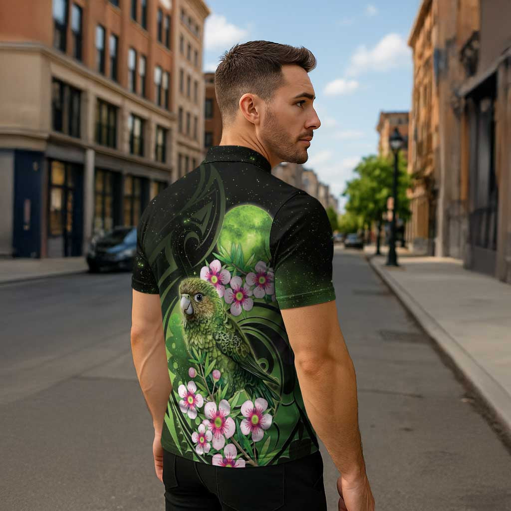 New Zealand Aotearoa Kakapo Zipper Polo Shirt Maori Pattern With Manuka Galaxy Style - Polynesian Pride