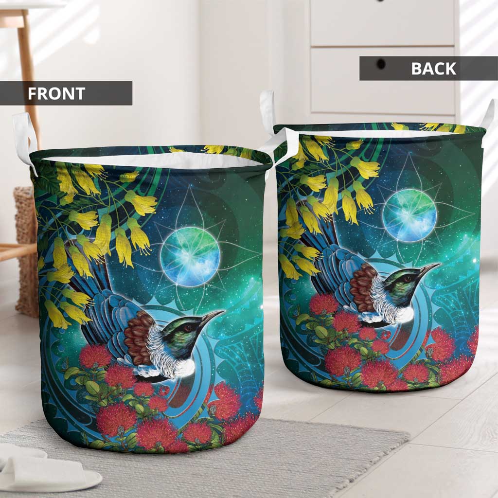 New Zealand Tui Bird Laundry Basket Maori Koru With Pohutukawa Galaxy Style LT05 - Polynesian Pride