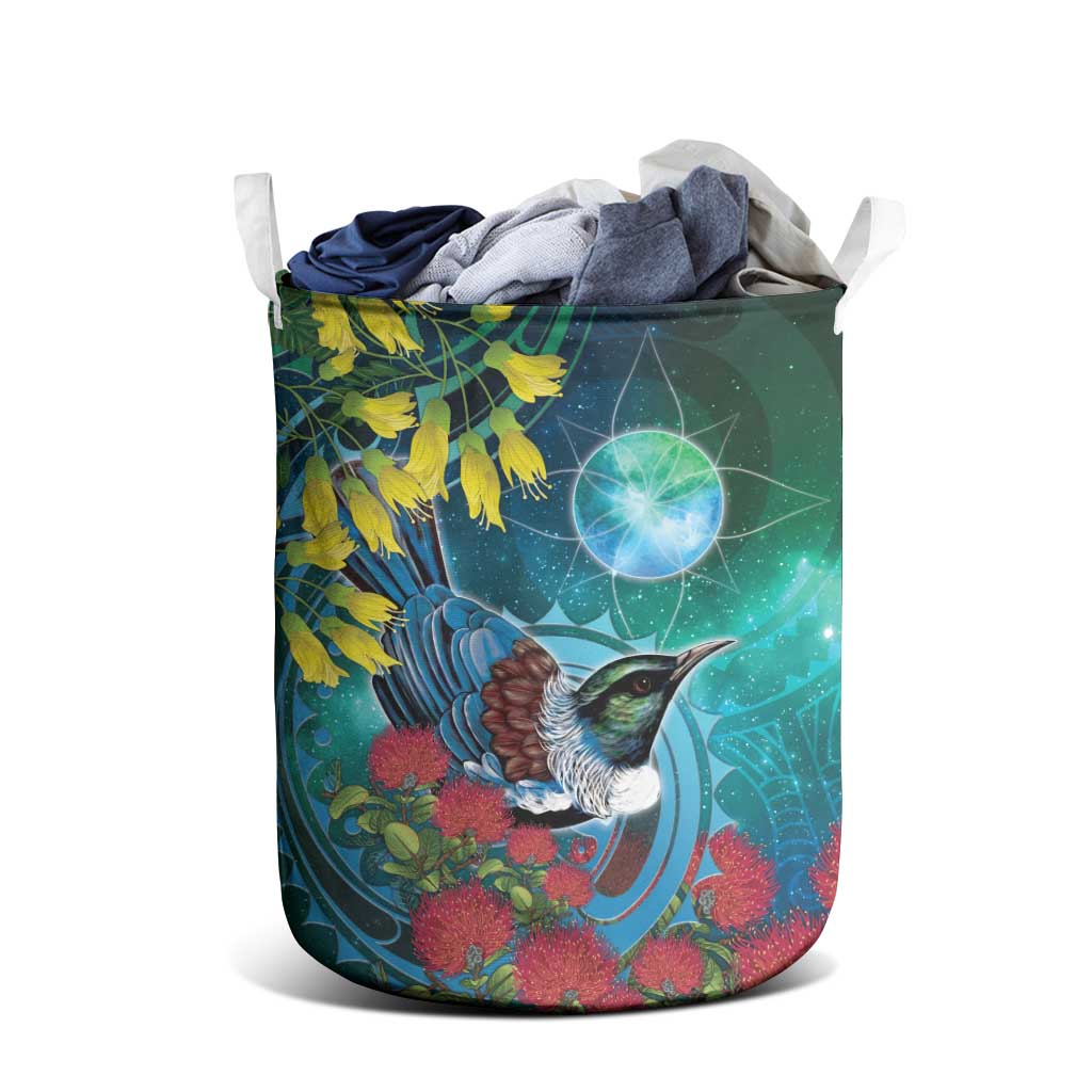 New Zealand Tui Bird Laundry Basket Maori Koru With Pohutukawa Galaxy Style LT05 - Polynesian Pride