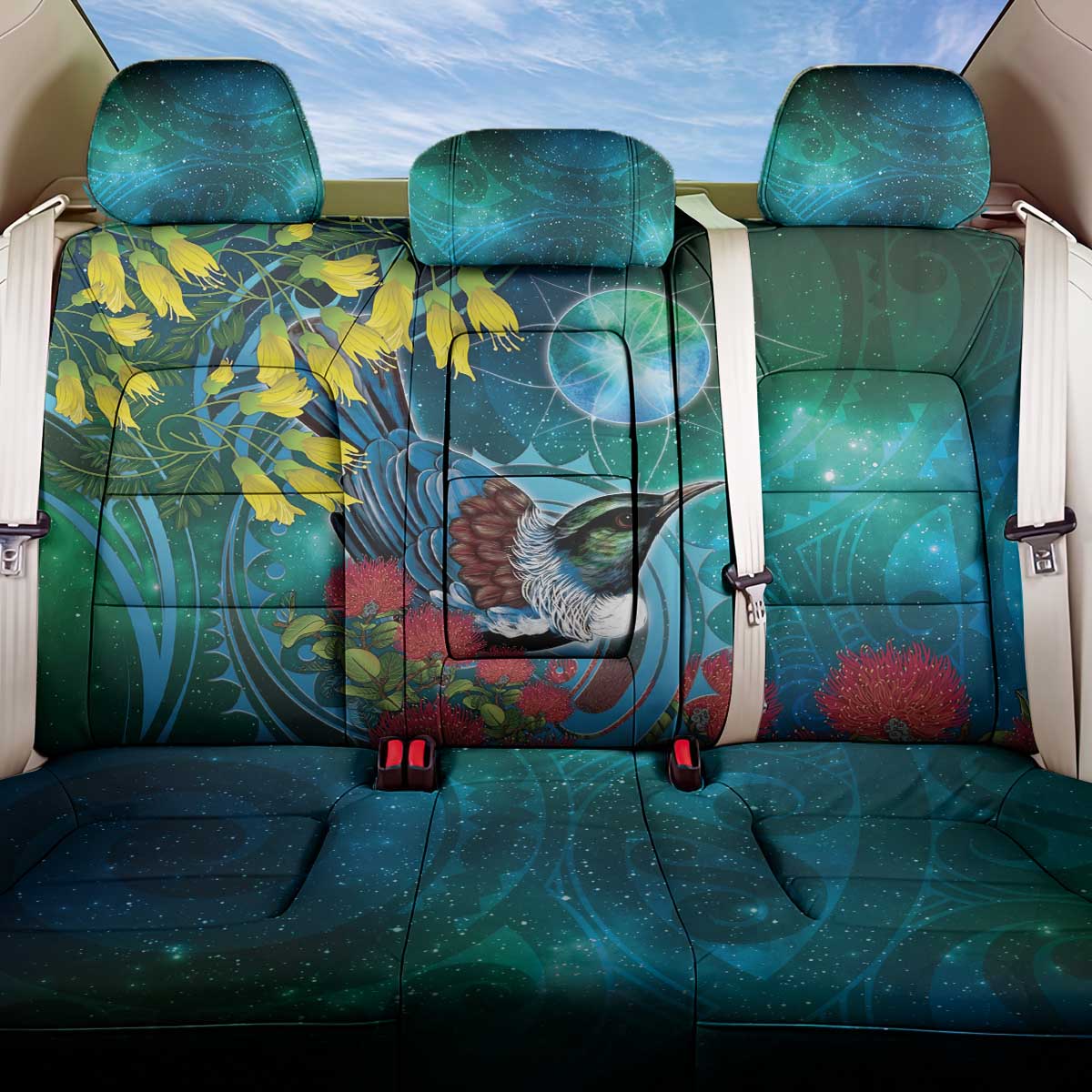 New Zealand Tui Bird Back Car Seat Cover Maori Koru With Pohutukawa Galaxy Style - Polynesian Pride