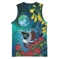 New Zealand Tui Bird Basketball Jersey Maori Koru With Pohutukawa Galaxy Style - Polynesian Pride