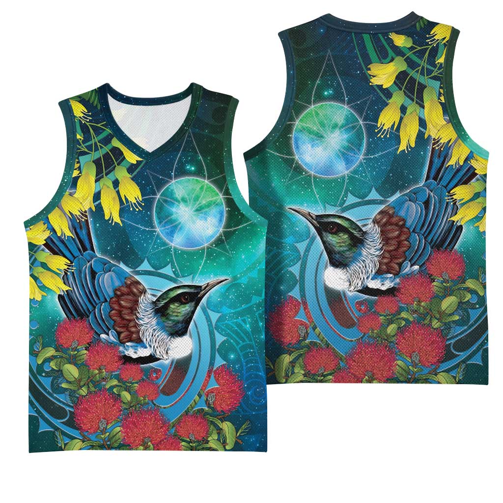 New Zealand Tui Bird Basketball Jersey Maori Koru With Pohutukawa Galaxy Style - Polynesian Pride