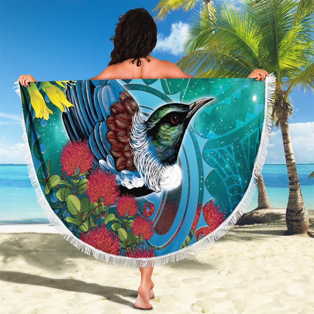 New Zealand Tui Bird Beach Blanket Maori Koru With Pohutukawa Galaxy Style - Polynesian Pride